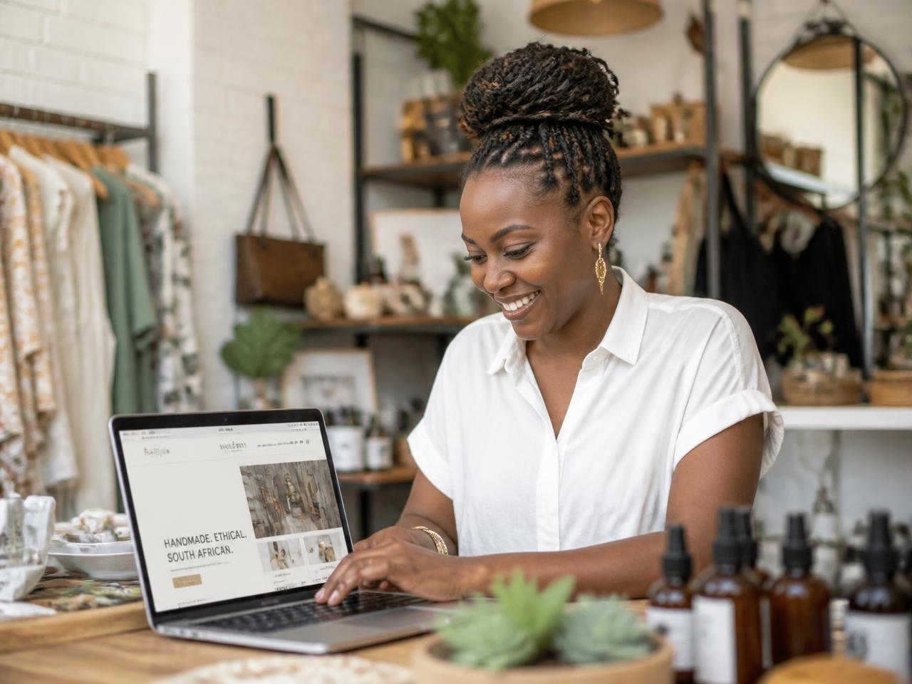 South African business owner reviewing her new website on a laptop